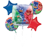 PJ Masks Catboy/Owletter Star/Square/Round Satin Foil Balloon Bouquet, Blue/Green/Red, 5-pk, Helium Inflation & Ribbon Included for Birthday Party Front_Flat