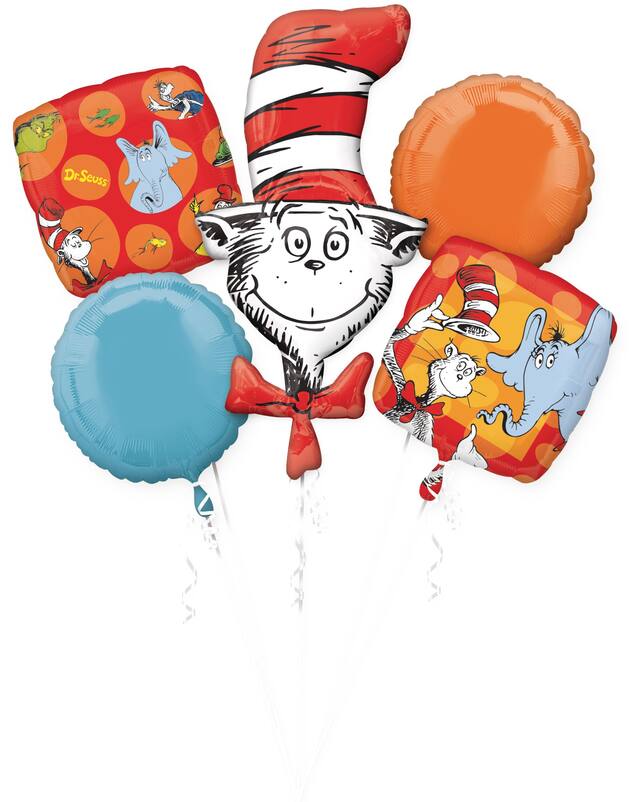 Dr. Seuss Foil Balloon Bouquet for Birthday Party, Helium Inflation Included, 5-pc Front_Flat
