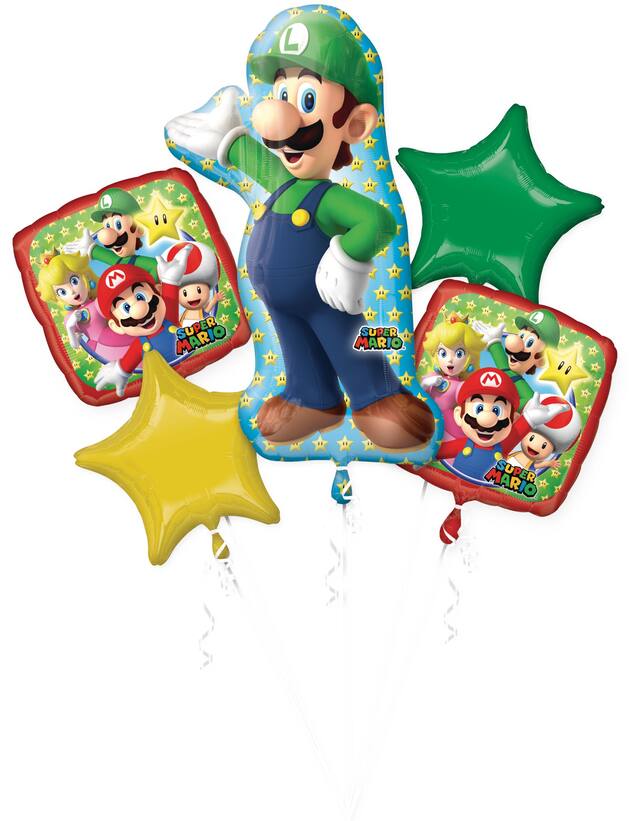 Super Mario Giant Luigi Birthday Foil Balloon Bouquet for Birthday Party, Helium Inflation Included, 5-pc Front_Flat