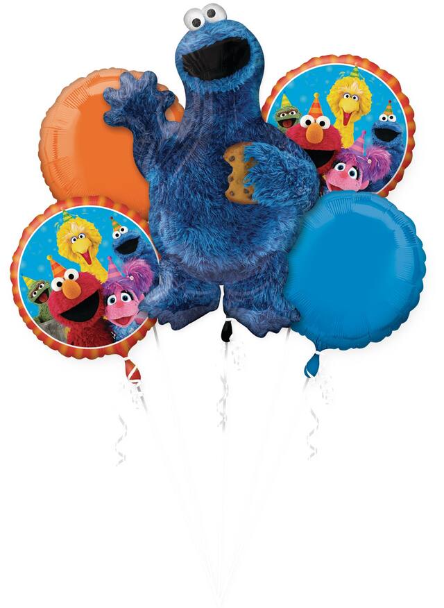 Sesame Street Cookie Monster Foil Balloon Bouquet for Birthday Party, Helium Inflation Included, 5-pc Front_Flat