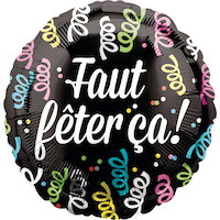 Ballon en aluminium satiné rond français Faut Fêter Ça, noir/multicolore, serpentins, 17 po, gonflement à l'hélium et ruban inclus, pour fête d'anniversaire Front_Flat