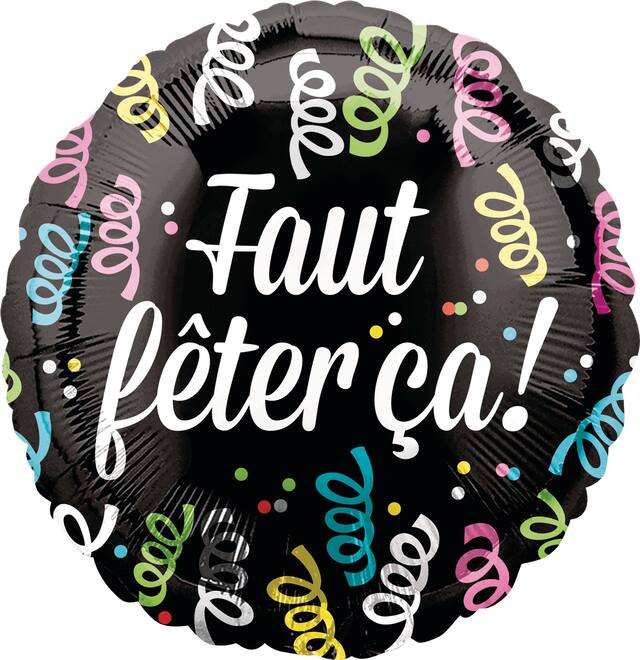 "Faut Fêter Ça" French Round Satin Foil Balloon, Black/Multi-Coloured, Streamers, 17-in, Helium Inflation & Ribbon Included for Birthday Party Front_Flat