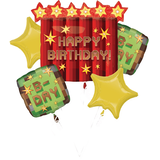 Bouquet de ballons en aluminium satiné étoile/carré Pixel Party Happy Birthday, rouge/vert/jaune, paq. 5, gonflement à l'hélium et ruban inclus, pour fête d'anniversaire Front_Flat