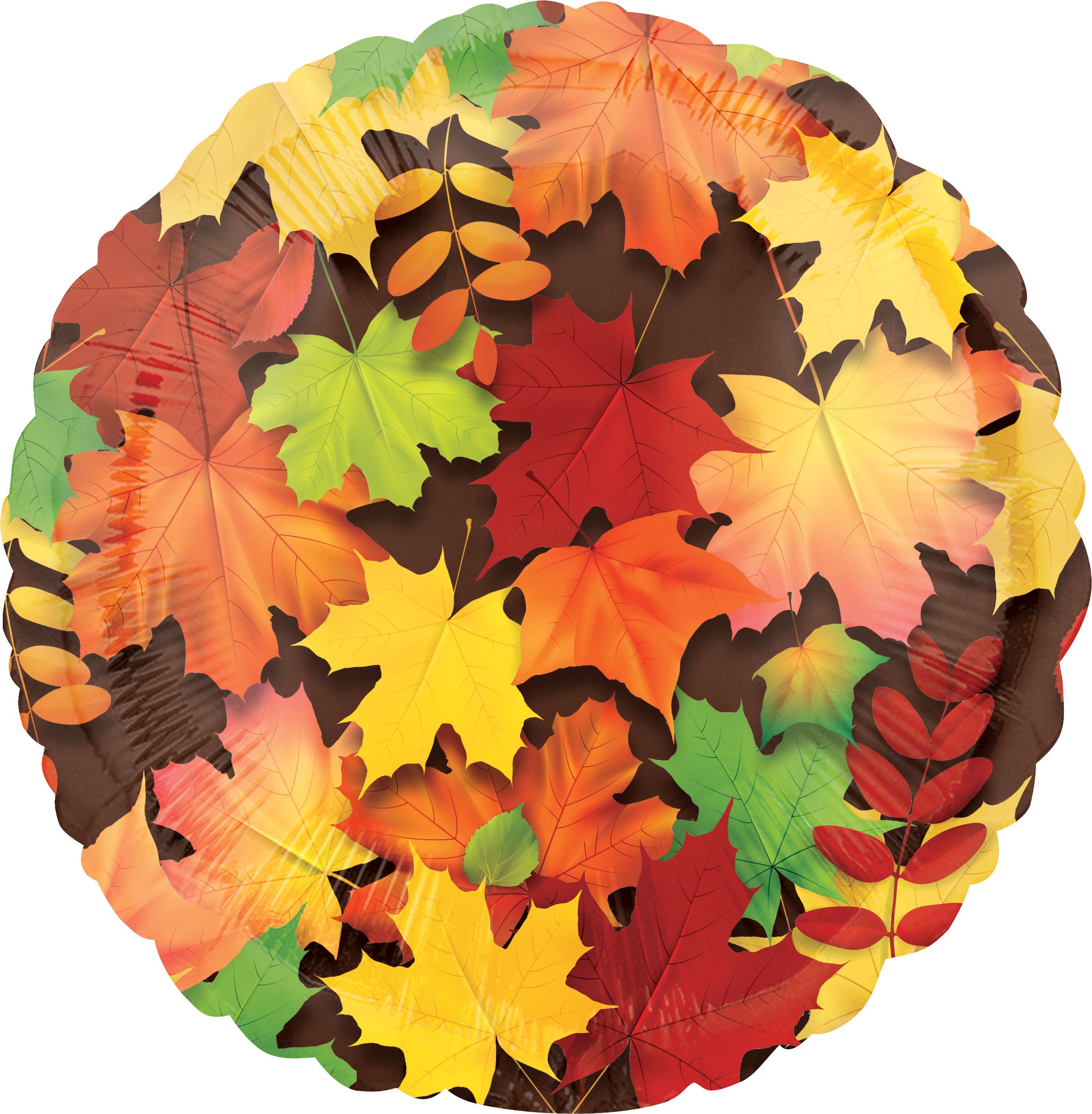 Ballon en aluminium satiné rond, rouge/orange, feuilles d'automne, 17 po, gonflement à l'hélium et ruban inclus, pour l'Action de grâce Front_Flat