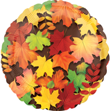 Ballon en aluminium satiné rond, rouge/orange, feuilles d'automne, 17 po, gonflement à l'hélium et ruban inclus, pour l'Action de grâce Front_Flat