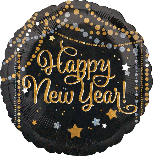 "Happy New Year" Round Satin Foil Balloon, Black, 18-in, Helium Inflation & Ribbon Included for New Year's Eve Front_Flat