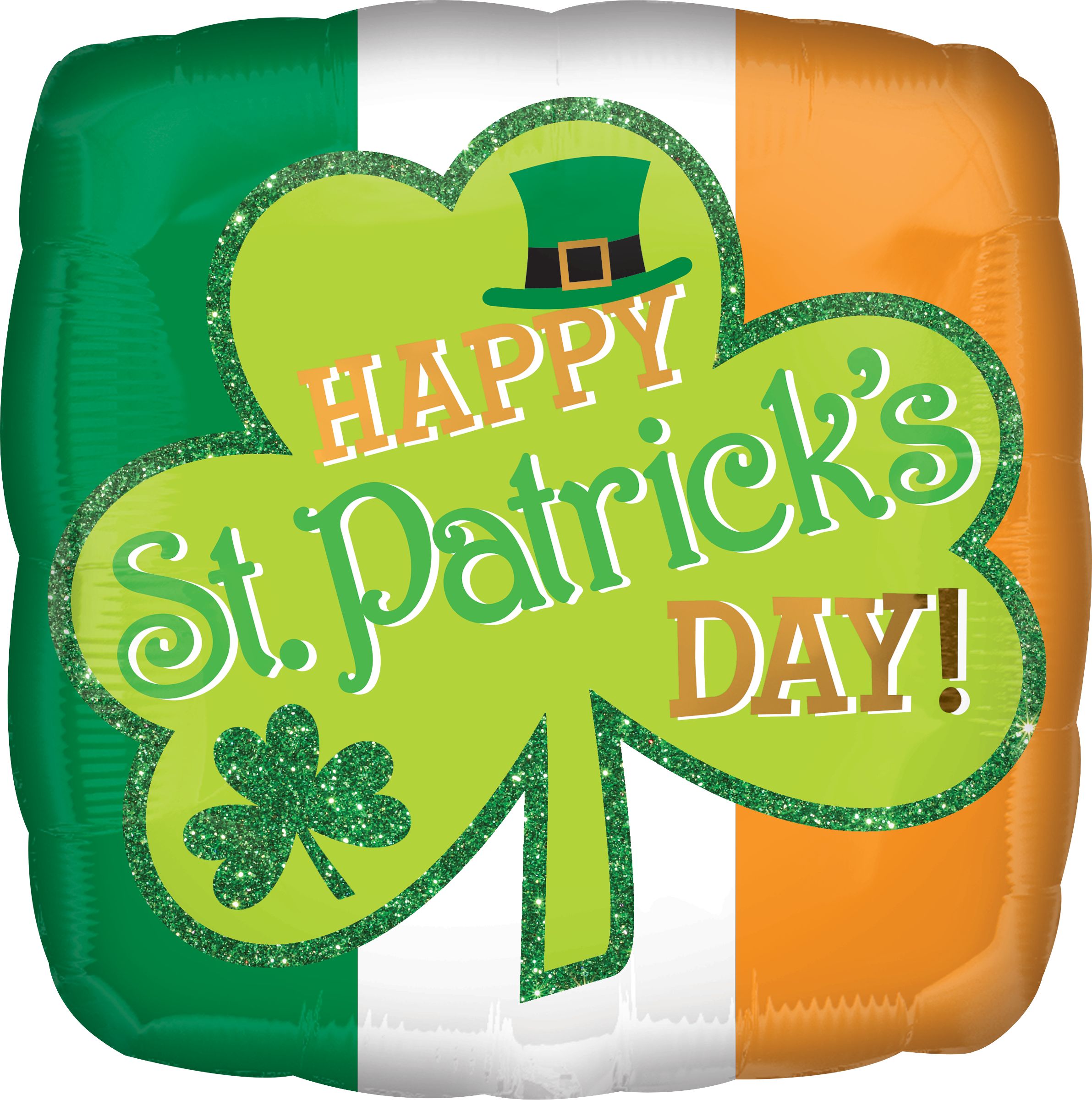 "Happy St. Patrick's Day" Square Satin Foil Balloon, Green/Orange, Shamrock 18-in, Helium Inflation & Ribbon Included for St. Patrick's Day Front_Flat