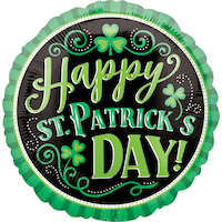 "Happy St. Patrick's Day" Round Satin Foil Balloon, Green/Black, Shamrock 18-in, Helium Inflation & Ribbon Included for St. Patrick's Day Front_Flat