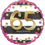Ballon en aluminium satiné rond or et rose prismatique 65 Happy Birthday, noir/blanc, rayé, 18 po, gonflement à l'hélium et ruban inclus, pour fête d'anniversaire Front_Flat