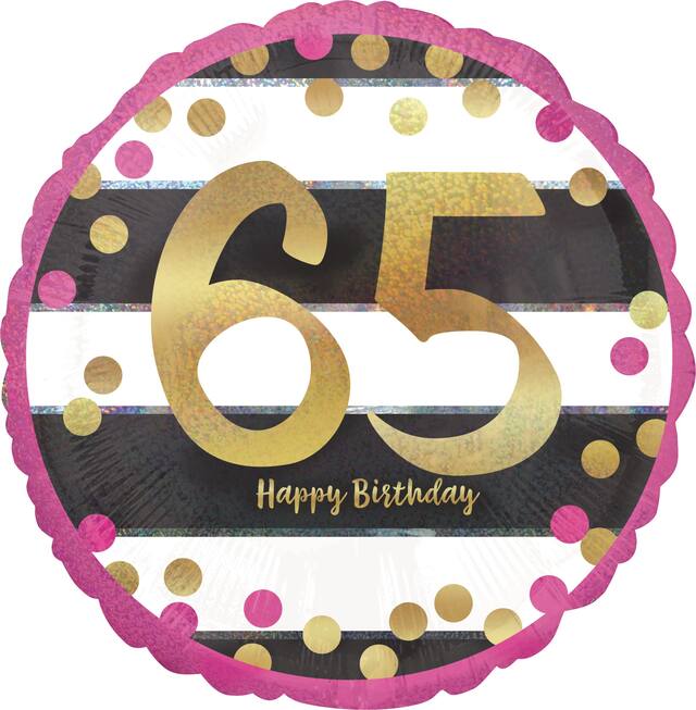 Ballon en aluminium satiné rond or et rose prismatique 65 Happy Birthday, noir/blanc, rayé, 18 po, gonflement à l'hélium et ruban inclus, pour fête d'anniversaire Front_Flat