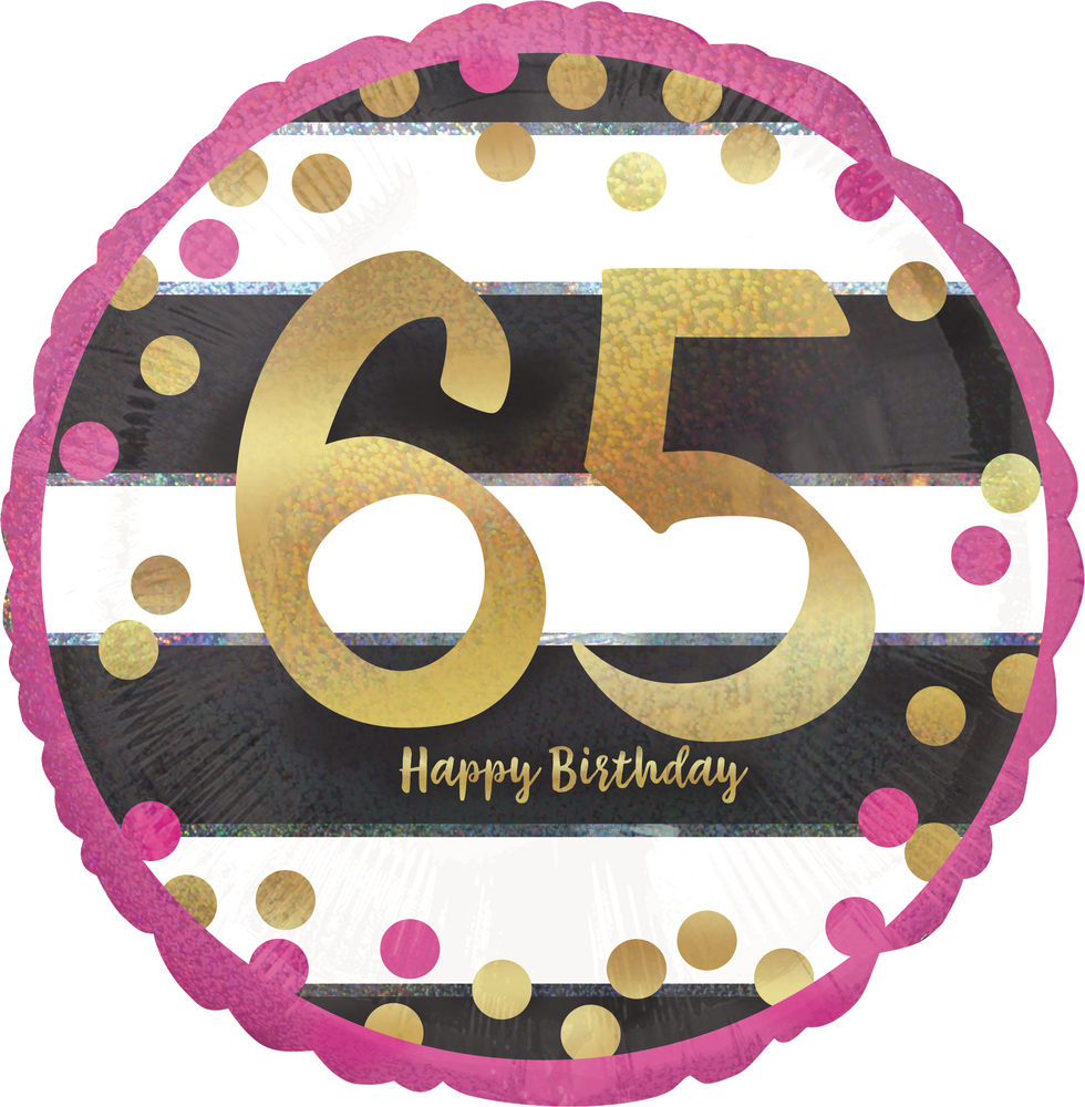 Ballon alu Happy Birthday chiffre 65 blanc rose gold argent