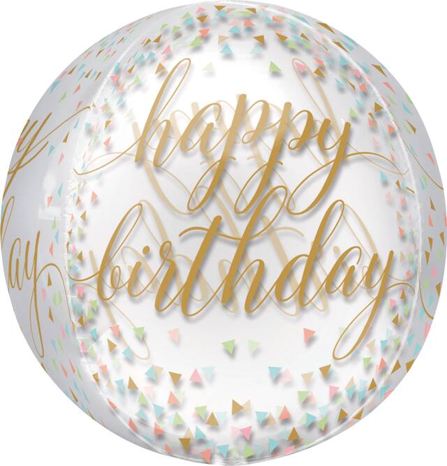 See Thru Orbz Confetti Happy Birthday Foil Balloon, Helium Inflation Included, 16-in Front_Flat
