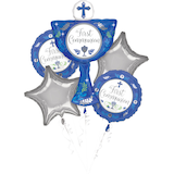 Holy Day "First Communinion" Cross  Satin Foil Balloon Bouquet, Blue/Silver, 5-pk, Helium Inflation & Ribbon Included for First Communion/Religious Front_Flat