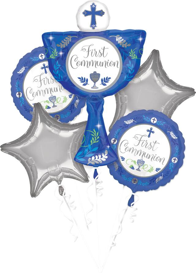 Bouquet de ballons en aluminium satiné croix Jour saint First Communinion, bleu/argent, paq. 5, gonflement à l'hélium et ruban inclus, pour première communion/fête religieuse Front_Flat