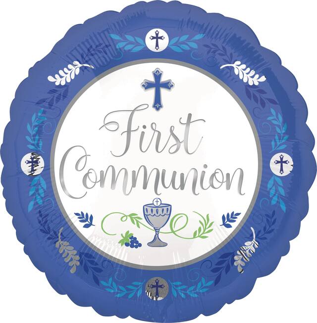 Ballon en aluminium Première communion, gonflage à l’hélium inclus, bleu, 17&nbsp;po Front_Flat