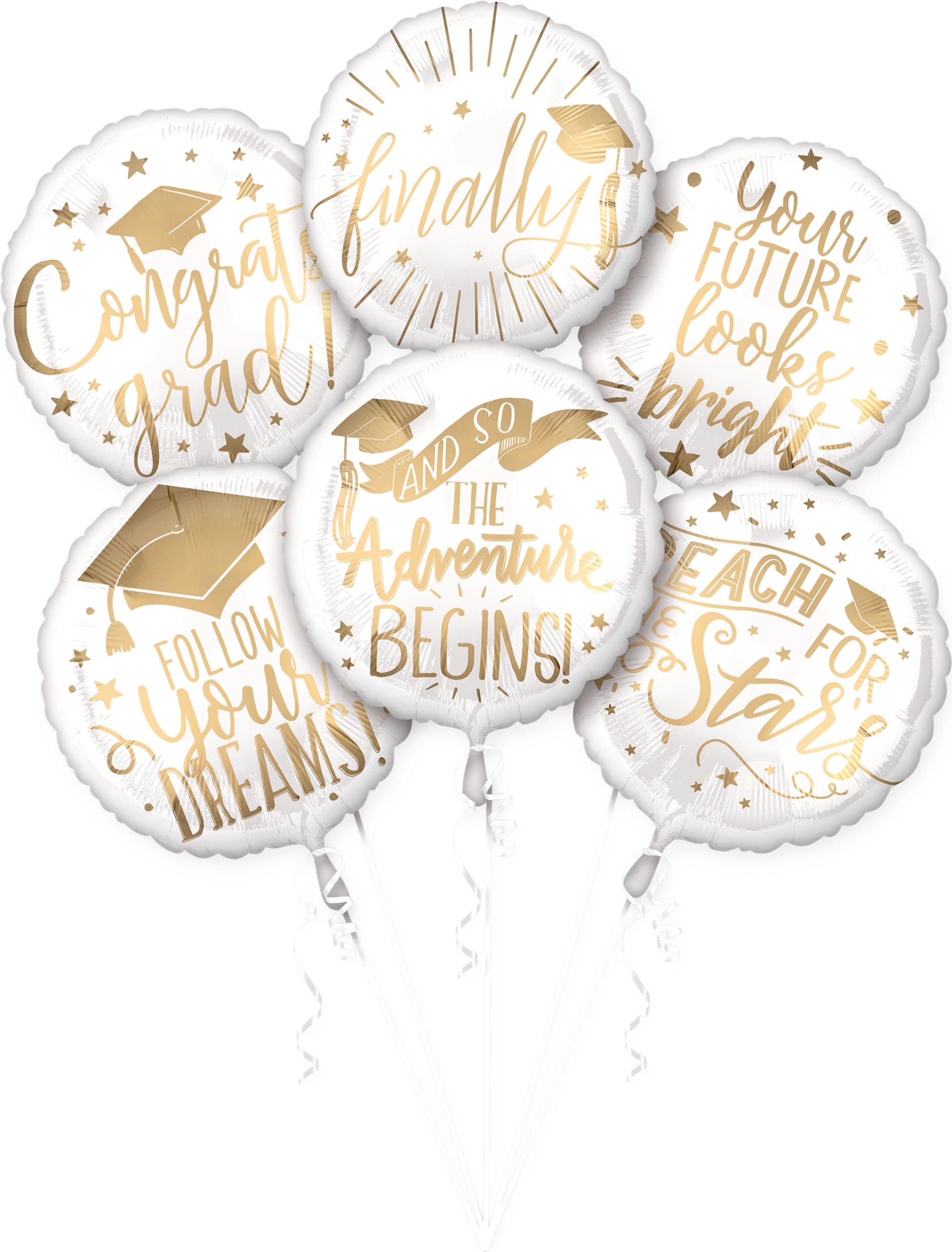 "Congrats Grad" Round Satin Foil Balloon Bouquet, White/Gold, 6-pk, Helium Inflation & Ribbon Included for Graduation Front_Flat
