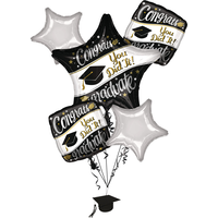"Congrats You Did It" Star  Satin Foil Balloon Bouquet with Balloon Weight, Black/Silver, 6-pk, Helium Inflation & Ribbon Included for Graduation Front_Flat