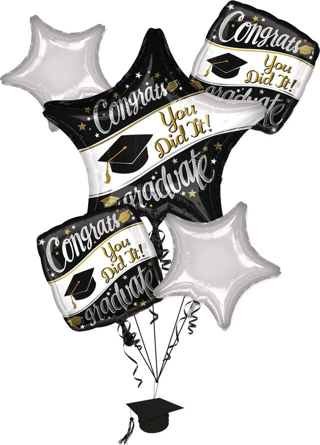 "Congrats You Did It" Star  Satin Foil Balloon Bouquet with Balloon Weight, Black/Silver, 6-pk, Helium Inflation & Ribbon Included for Graduation Front_Flat