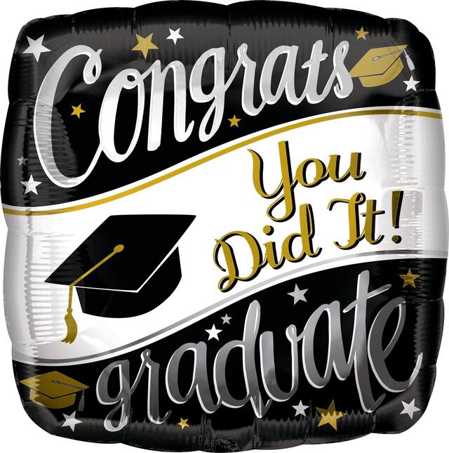 "Congrats Graduate" Square Satin Foil Balloon, Black/White, 17-in, Helium Inflation & Ribbon Included for Graduation Front_Flat