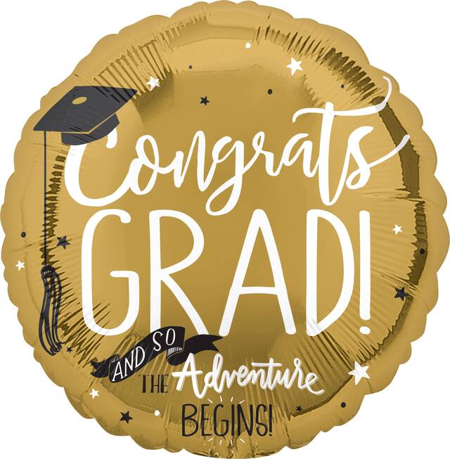 The Adventure Begins Foil Graduation Balloon, Helium Inflation Included, Gold, 17-in Front_Flat