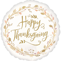 Ballon en aluminium satiné rond Happy Thanksgiving, blanc/or, 17 po, gonflement à l'hélium et ruban inclus, pour l'Action de grâce Front_Flat