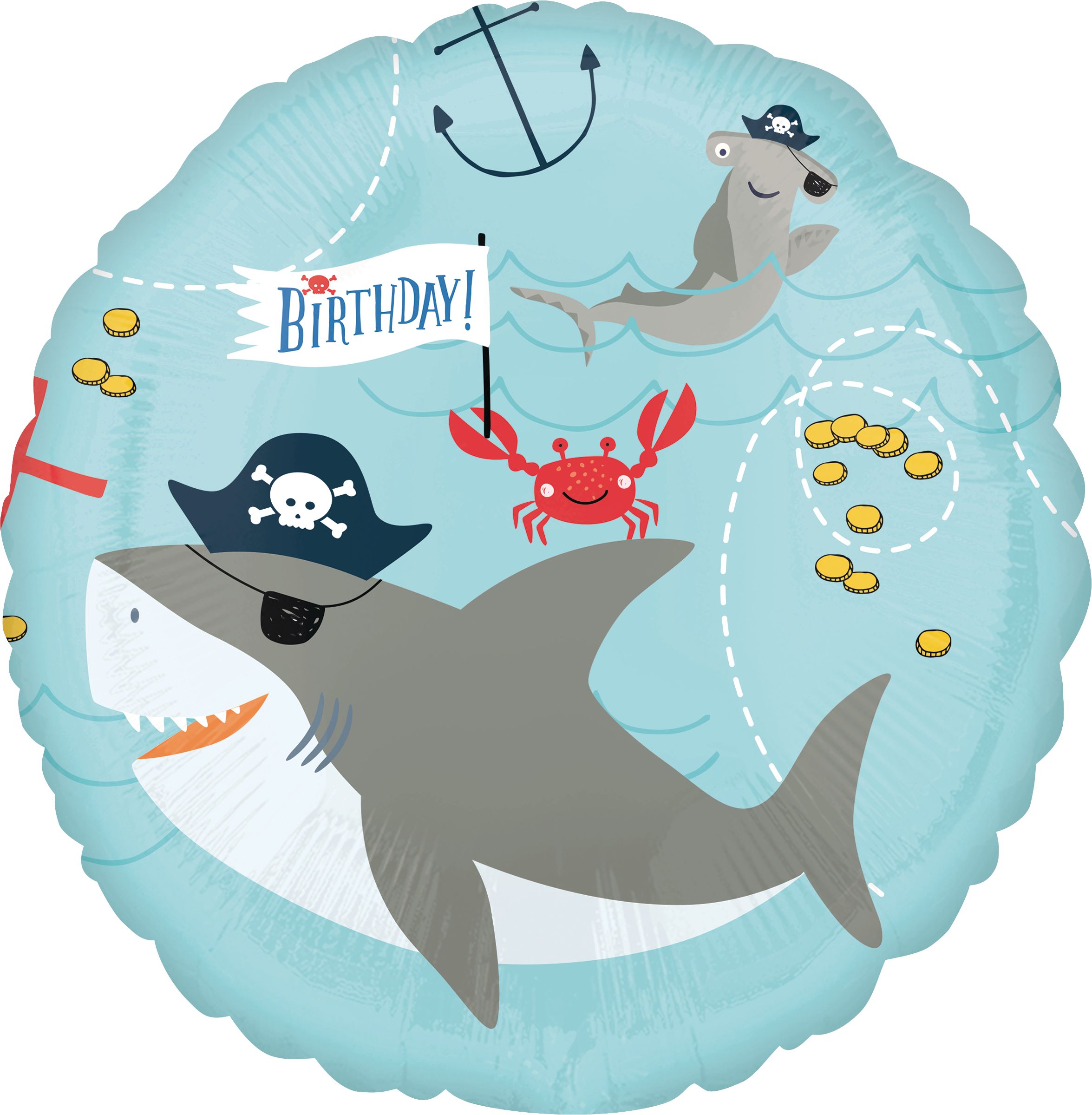 Ballon en aluminium satiné rond pieuvre et requin Birthday, bleu/orange, 17 po, gonflement à l'hélium et ruban inclus, pour fête d'anniversaire Front_Flat