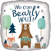 "We Can Bearly Wait" Square Satin Foil Balloon, White/Brown, 17-in, Helium Inflation & Ribbon Included for Baby Shower