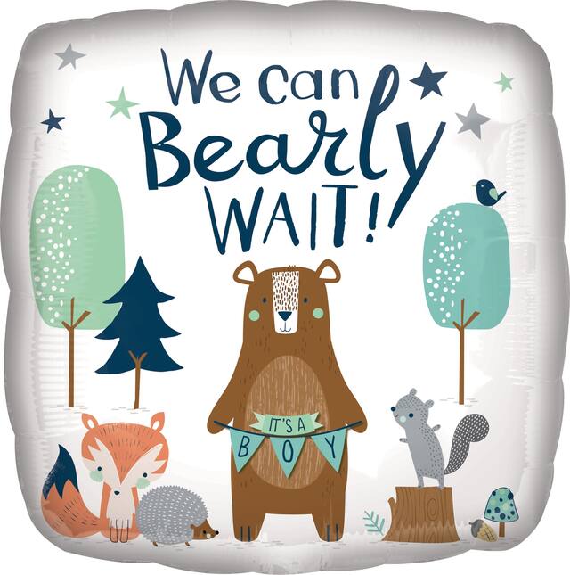 "We Can Bearly Wait" Square Satin Foil Balloon, White/Brown, 17-in, Helium Inflation & Ribbon Included for Baby Shower Front_Flat
