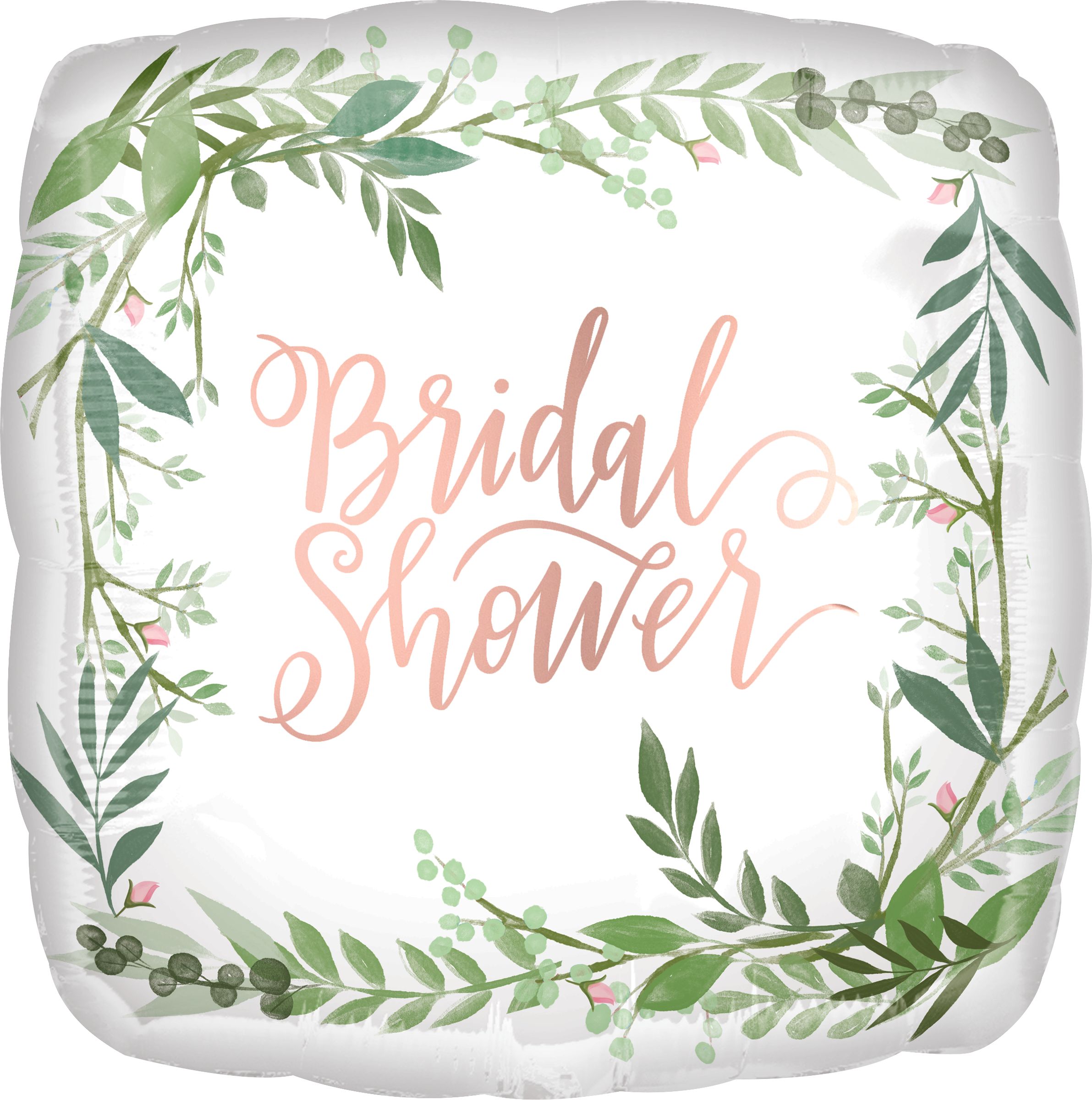 Love & Leaves "Bridal Shower" Square Satin Foil Balloon, White/Green, 17-in, Helium Inflation & Ribbon Included for Wedding/Bridal Shower Front_Flat