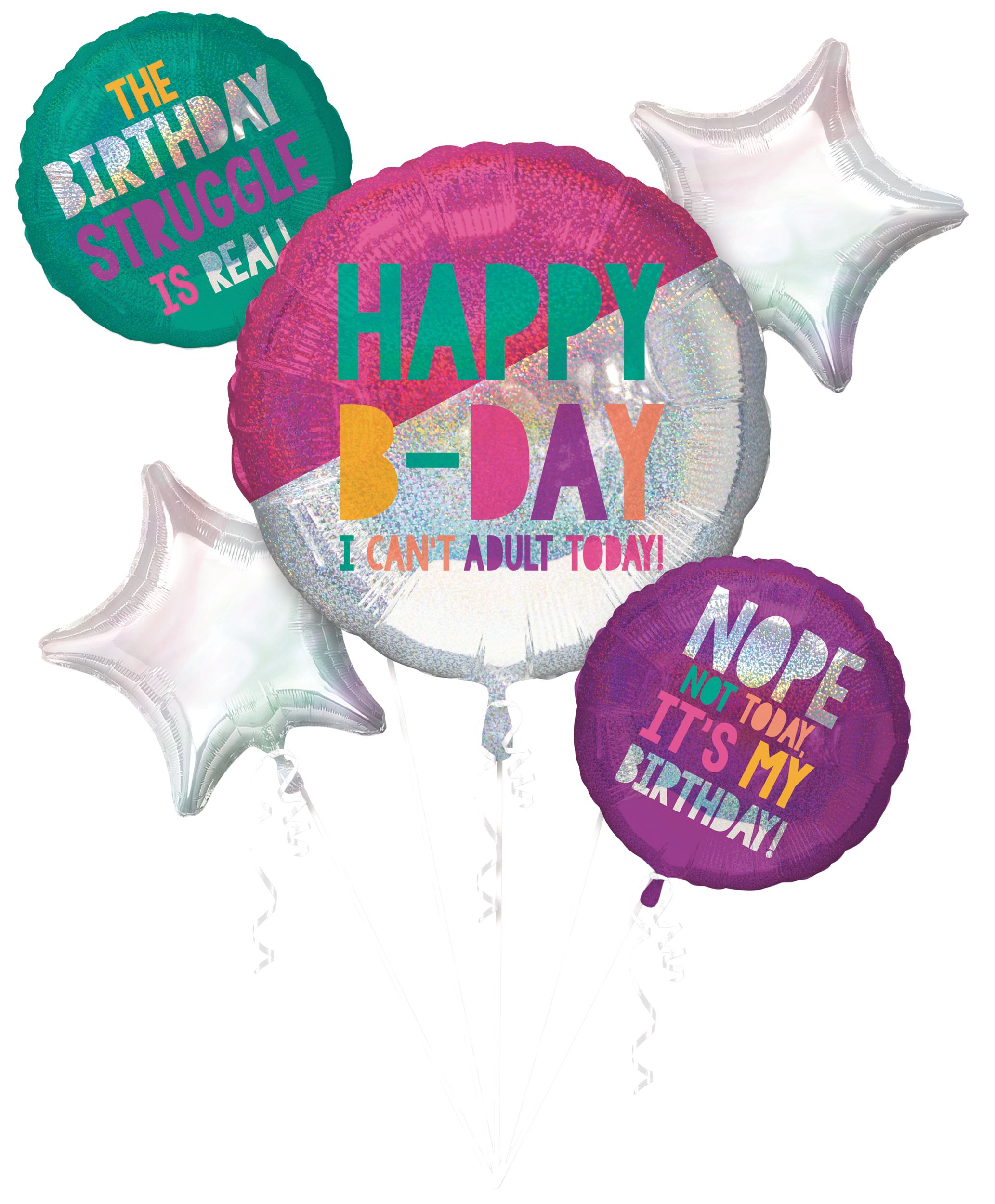 Prismatic Young & Fab Foil Birthday Balloon Bouquet, Helium Inflation Included, 5-pc Front_Flat