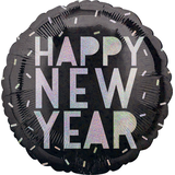"Happy New Year" Round Satin Foil Balloon, Black/Silver, 17-in, Helium Inflation & Ribbon Included for New Year's Eve Front_Flat