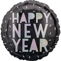 Ballon en aluminium satiné rond Happy New Year, noir/argent, 17 po, gonflement à l'hélium et ruban inclus, pour veille du jour de l'An Front_Flat