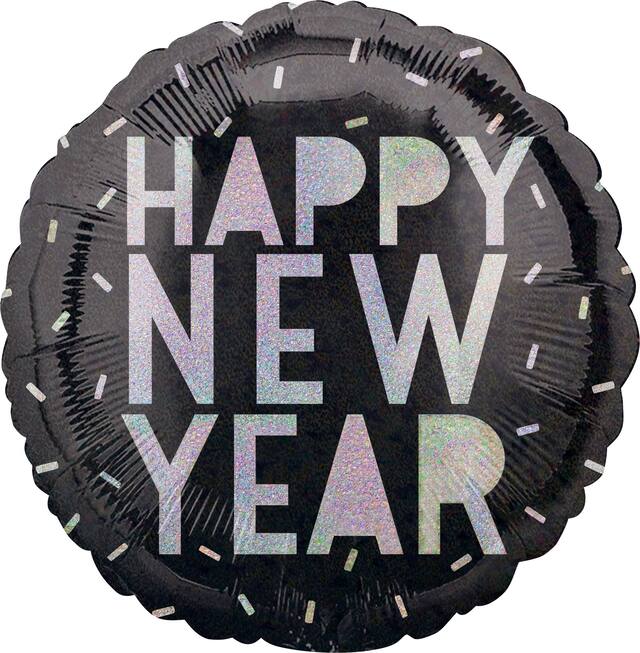 "Happy New Year" Round Satin Foil Balloon, Black/Silver, 17-in, Helium Inflation & Ribbon Included for New Year's Eve Front_Flat