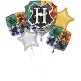 Bouquet de ballons en aluminium satiné étoile/carré Harry Potter Hogwarts, vert/jaune/argent, paq. 5, gonflement à l'hélium et ruban inclus, pour fête d'anniversaire Front_Flat