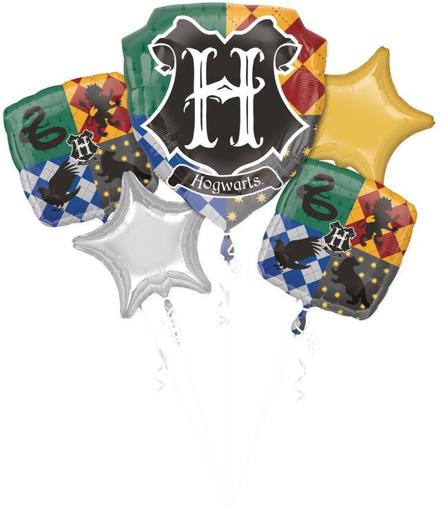 Harry Potter "Hogwarts" Star/Square Satin Foil Balloon Bouquet, Green/Yellow/Silver, 5-pk, Helium Inflation & Ribbon Included for Birthday Party Front_Flat