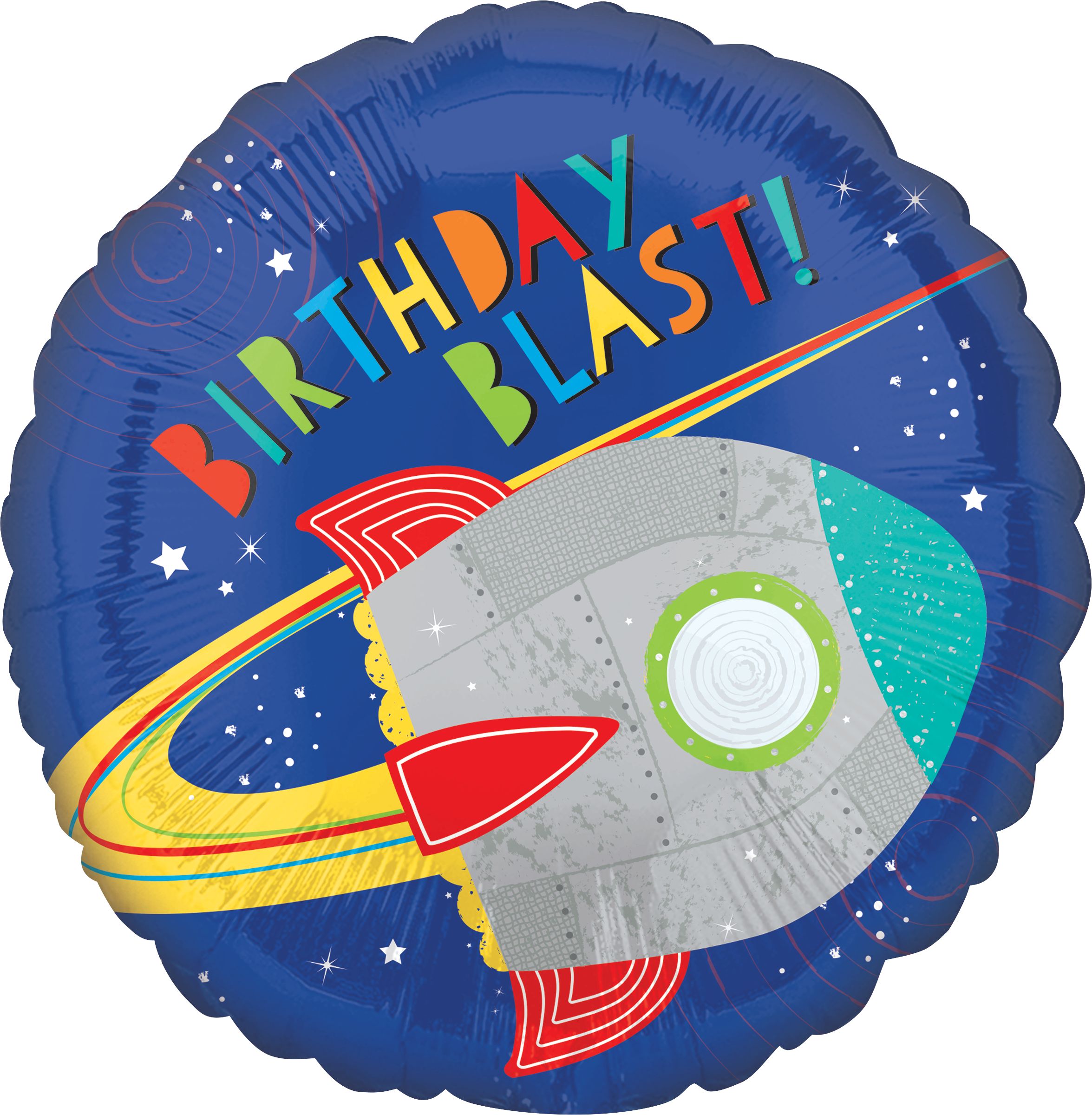 Blast Off "Birthday Blast" Round Satin Foil Balloon, Blue/Silver, Rocket Ship, 17-in, Helium Inflation & Ribbon Included for Birthday Party Front_Flat