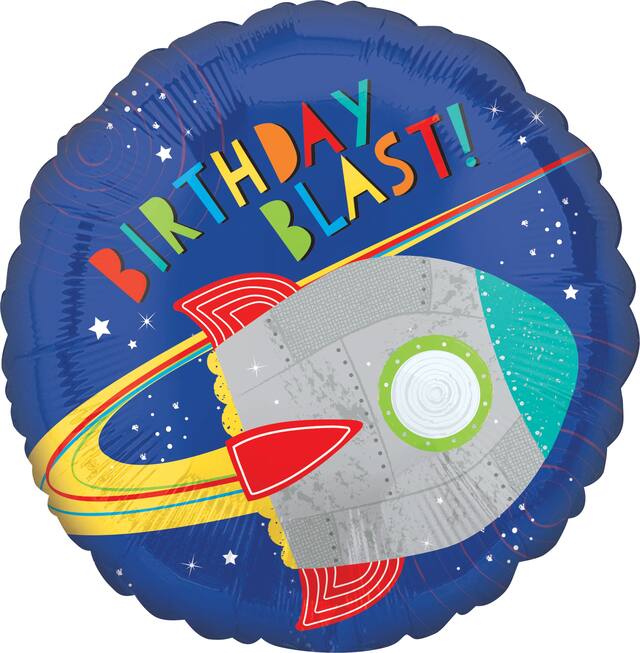 Ballon en aluminium satiné rond Blast Off Birthday Blast, bleu/argent, fusée, 17 po, gonflement à l'hélium et ruban inclus, pour fête d'anniversaire Front_Flat