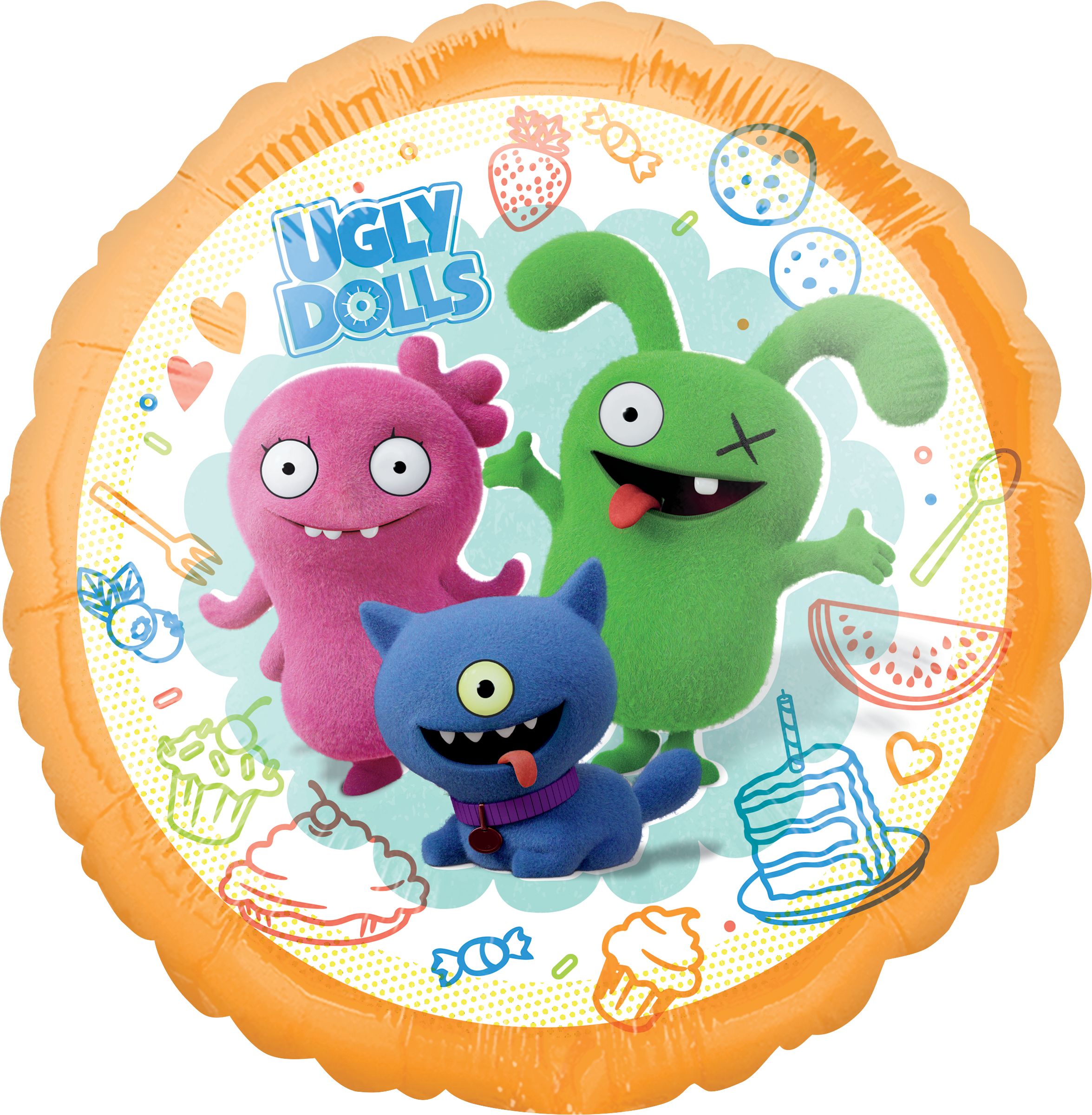 Ballon en aluminium satiné rond Ugly Dolls Moxy/Ox/Ugly Dog, orange, 17 po, gonflement à l'hélium et ruban inclus, pour fête d'anniversaire Front_Flat