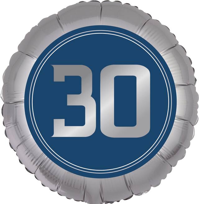 Ballon en aluminium satiné rond anniversaire rétro 30, argent et bleu, 18 po, gonflement à l'hélium et ruban inclus, pour fête d'anniversaire Front_Flat