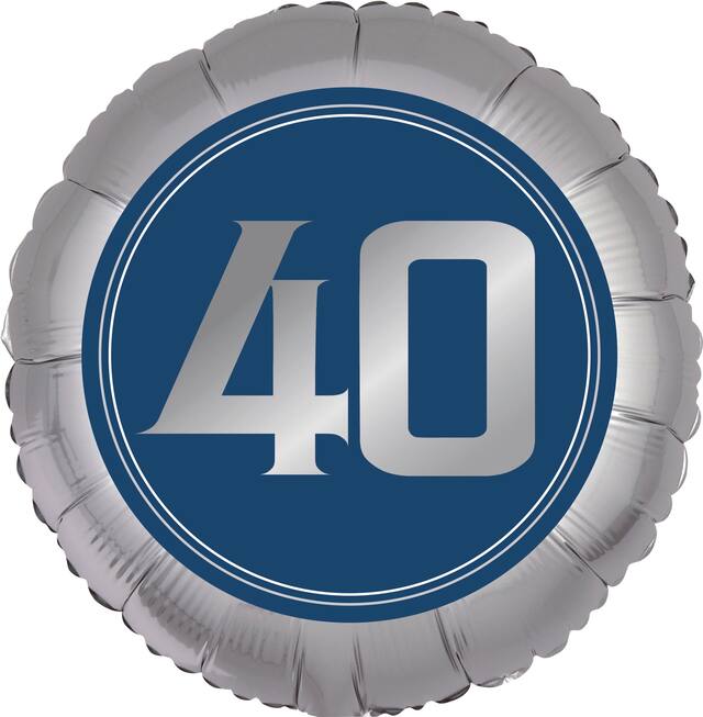 Ballon en aluminium satiné rond anniversaire rétro 40, argent et bleu, 18 po, gonflement à l'hélium et ruban inclus, pour fête d'anniversaire Front_Flat