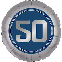 Ballon en aluminium satiné rond anniversaire rétro 50, argent et bleu, 18 po, gonflement à l'hélium et ruban inclus, pour fête d'anniversaire Front_Flat