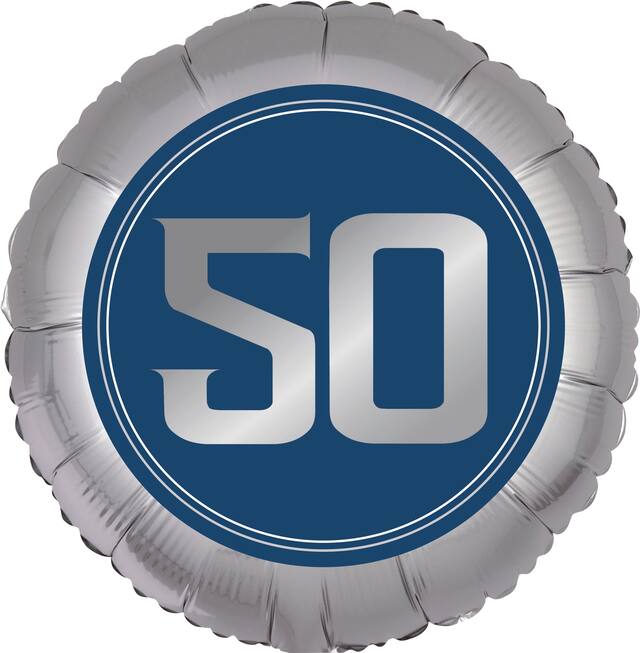 Ballon en aluminium satiné rond anniversaire rétro 50, argent et bleu, 18 po, gonflement à l'hélium et ruban inclus, pour fête d'anniversaire Front_Flat
