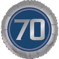 Ballon en aluminium satiné rond anniversaire rétro 70, argent et bleu, 18 po, gonflement à l'hélium et ruban inclus, pour fête d'anniversaire Front_Flat