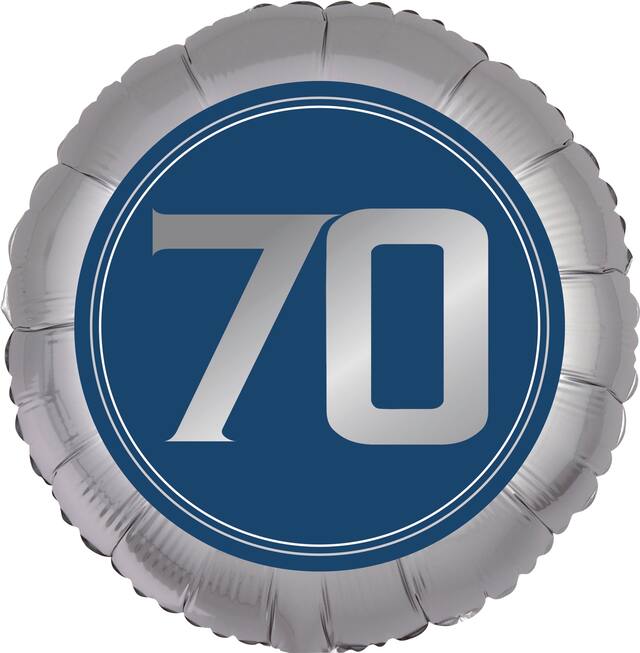 Vintage Birthday "70" Round Satin Foil Balloon, Silver/Blue, 18-in, Helium Inflation & Ribbon Included for Birthday Party Front_Flat