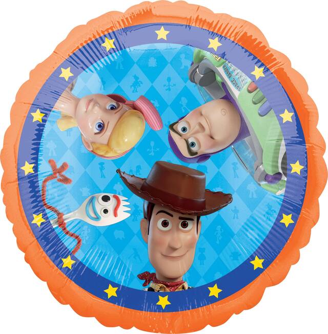 Disney Pixar Toy Story Woody/Buzz/Forky/Jessie Round Satin Foil Balloon, Blue, 17-in, Helium Inflation & Ribbon Included for Birthday Party Front_Flat