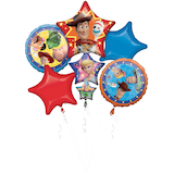 Bouquet de ballons en aluminium satiné étoile/rond Disney Pixar Histoire de jouets Woody/Forky/Buzz, rouge/bleu, paq. 5, gonflement à l'hélium et ruban inclus, pour fête d'anniversaire Front_Flat