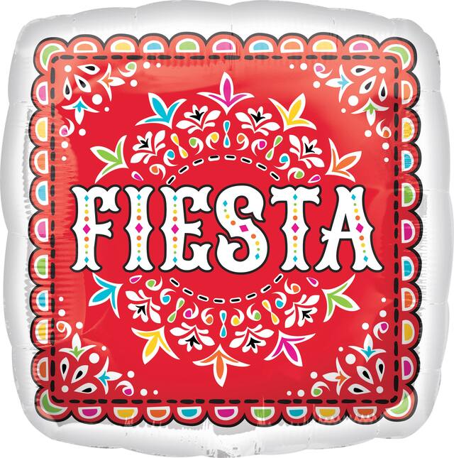 "Fiesta" Square Satin Foil Balloon, Red, Papel Picado, 17-in, Helium Inflation & Ribbon Included for Fiesta/Cinco de Mayo Front_Flat