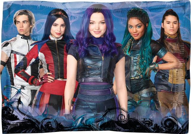 Disney Descendants Evie/Mal/Uma/Carlos/Jay Square Satin Foil Balloon, Blue, 12x16-in, Helium Inflation & Ribbon Included for Birthday Party Front_Flat