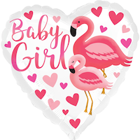 Ballon en aluminium satiné coeur flamant Baby Girl, rose/blanc, 17 po, gonflement à l'hélium et ruban inclus, pour fête prénatale Front_Flat
