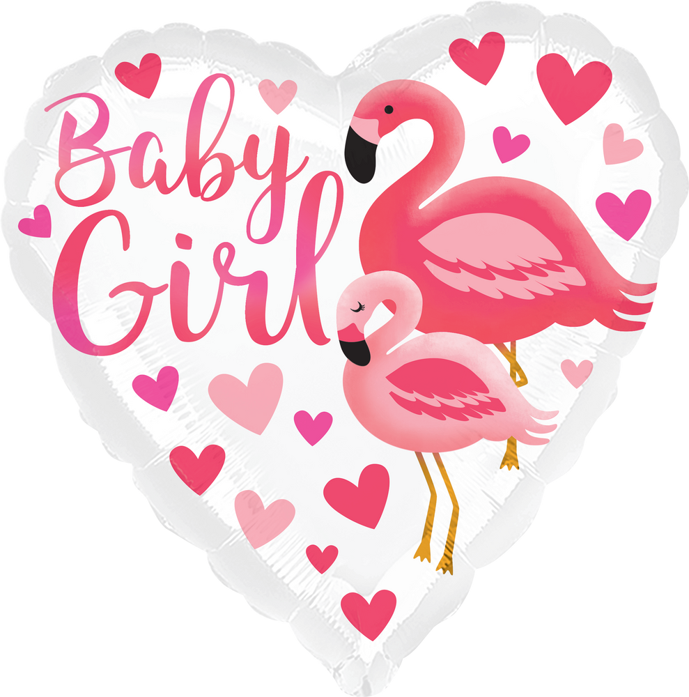Ballon en aluminium satiné coeur flamant Baby Girl, rose/blanc, 17 po